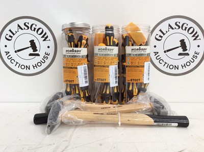 Lot 30 - Four Hickory Handle Hammers & Three Tubs Of Magnetic Screwdrivers