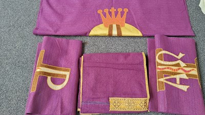 Lot 34 - Purple church alter cover, runner and banners