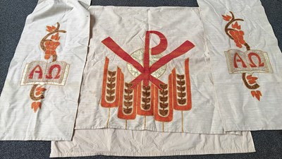 Lot 177 - Cream church alter cover, runner and banners