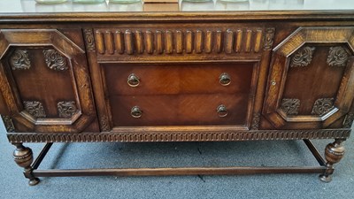 Lot 237 - 2 door 3 drawer antique oak sideboard with carved detailing