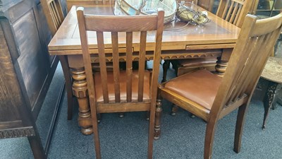 Lot 239 - Vintage oak extendable square table and 6 chairs