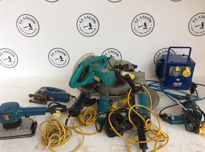 Lot 256 - 110v Transformers With Qty of 110v Power Tools inc Chop Saw