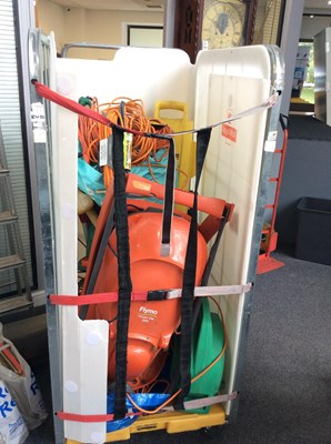 Lot 186 - Cage of misc Including Pressure Washer extensions flymo Lawnmower