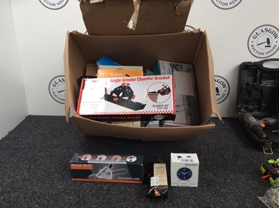 Lot 53 - Large Box Of Misc, Including Clocks, Tanning Mousse Kits, Hand Tools & Small Stool