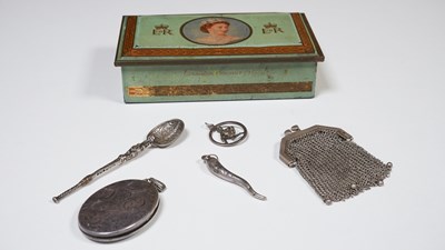 Lot 60 - Wild Woodland Coronation Cigarettes Box With Silver Stamped Contants inc, Anointing Solid Silver Spoon, And Vintage Mesh Purse