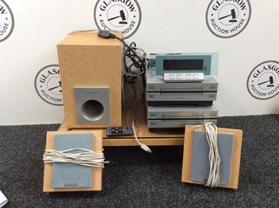 Lot 122 - Pioneer HiFi System With Sub, Two Speakers, Remote & Media Board