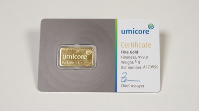 Lot 109 - Umicore 5 Gram, 999.9 Fine Gold Bar