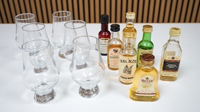 Lot 151 - 7 Miniature Whiskies Plus 6 Whisky Tumblers