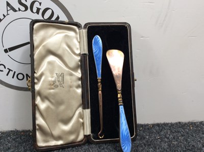 Lot 110 - An Antique Button Hook & Shoehorn With Guilloché Enamel - Used