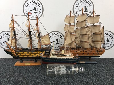 Lot 91 - Three Wooden Ships & One Glass Ship In A Bottle - Used/Slight Damage On Two Sail Boats