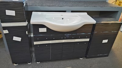 Lot 11 - Brand new designer bathroom suite comprising under sink cabinet, mid height cabinet, regular cabinet and white ceramic sink in black hard wearing gloss finish with silver grain effect