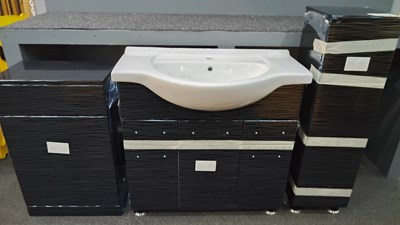 Lot 12 - Brand new designer bathroom suite comprising under sink cabinet, mid height cabinet, regular cabinet and white ceramic sink in black hard wearing gloss finish with silver grain effect