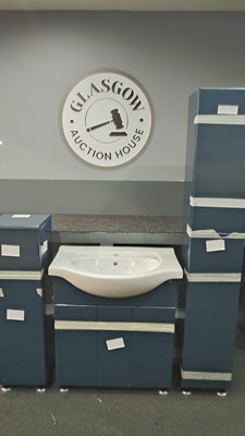 Lot 13 - Brand new designer bathroom suite comprising under sink cabinet, tall height cabinet, mid height cabinet and white ceramic sink in graphite hard wearing gloss finish with grain effect