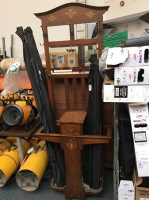 Lot 273 - Hall coat stand with decorative inlays, umbrella tray and mirror