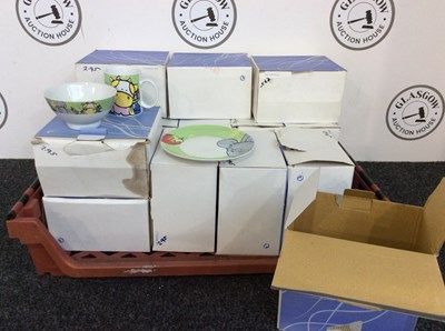 Lot 3 - Crate containing children crockery sets comprising bowl, cup and plate