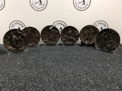 Lot 19 - Six Rhodes Studios Hand Cast Fused Bronze Plates Depicting Scenes From The Bible 9” With Stands - Used
