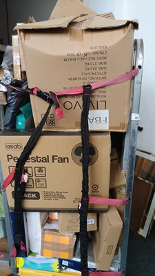 Lot 64 - Cage of misc including fan, electric blanket, wall paper and other household items