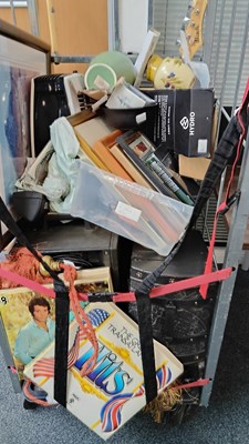Lot 36 - Cage of misc items including vinyl records, pictures, guitar and tiebacks