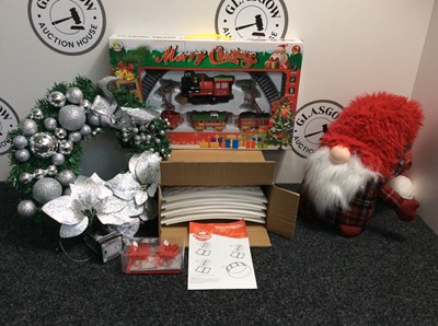 Lot 168 - Qty Of Christmas Items, Including Musical Train Set, Wreath & Winter Wolf - New