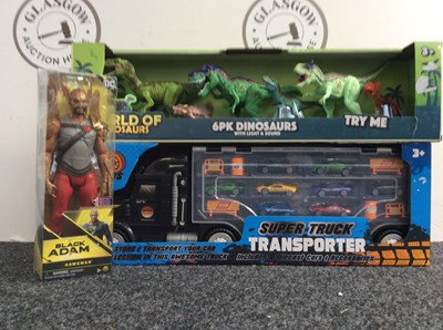 Lot 30 - Three Kids Toys, Including Super Truck Car Transporter, World Of Dinosaurs 6pc & Black Adam, Hawkman Figure - New