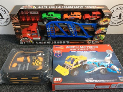 Lot 179 - Three Kids Toys, Including Giant Vehicle Transporter 14pcs, Mechanix Mech Motors & JCB Toolkit - New