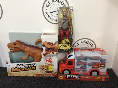 Lot 35 - Three Kids Toys, Including Fire Crew Rescue Dept Car Carrier 11pcs, Black Adam Figurine & Mighty Megasaur - New