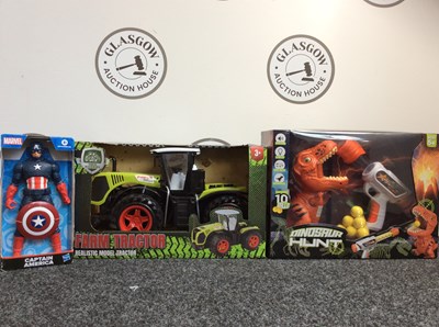 Lot 42 - Three Kids Toys, Including Farm Tractor, Captain America Figure & Dino Hunt Toys - New