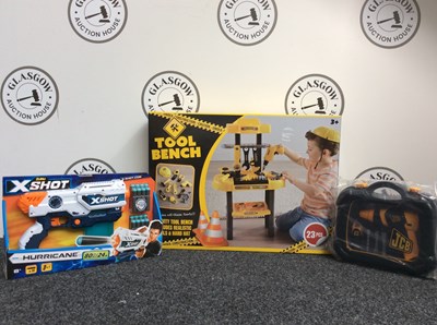 Lot 125 - Three Kids Toys, Including JCB Toolkit, Zuru XShot & Tool Bench - New