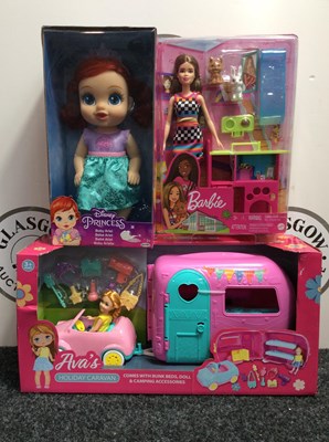 Lot 16 - Three Kids Toys, Including Disney Princess Baby Ariel Doll, Ava’s Holiday Caravan & Barbie Doll Set - New