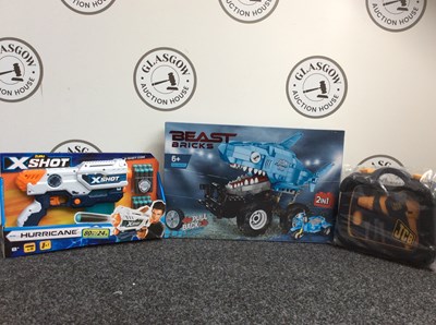 Lot 128 - Three Kids Toys, Including JCB Toolkit, Zuru XShot & Beast Bricks Shark Car - New
