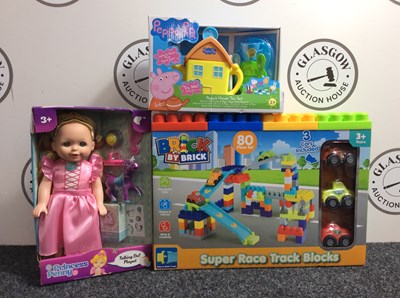 Lot 44 - Three Kids Toys, Including Brick By Brick Super Race Track, Princess Penny Talking Doll & Peppa Pig House Tea Set - New