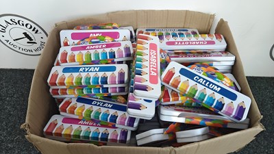 Lot 39 - Large box of named pencil cases containing jelly beans