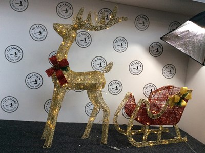 Lot 295 - Small Golden Light Up Glitter Reindeer Measuring 56” In Height With Sleigh - New