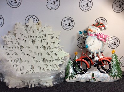 Lot 117 - 2 Scrap Metal Snow Men on Bicycles Art & Qty of Plywood Snowflakes - Used