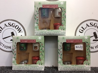 Lot 85 - 3 Yankee Candle Gift Sets Containing 3 x 49g Samplers inc Balsalm & Cedar, All is Bright, Sparkling Cinnamon & One Glass Holder - New