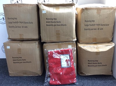 Lot 64 - 3 Boxes of 24 Running Imp One-Size Fits All Adult (Unisex) & 3 9/14 Years Old Santa Suit 5 Pieces: Hat, Beard, Jacket, Belt & Trousers - New