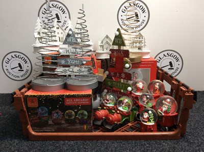 Lot 53 - Crate of Christmas Items Including SnowGlobes, Spiral Lite Tree & More - New