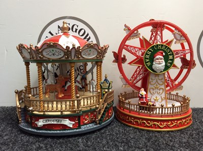 Lot 5 - Marco Paul 22.5CM Christmas Carousel Scene & Christmas Turning Ferris Wheel Scene With LEDs & Music - New