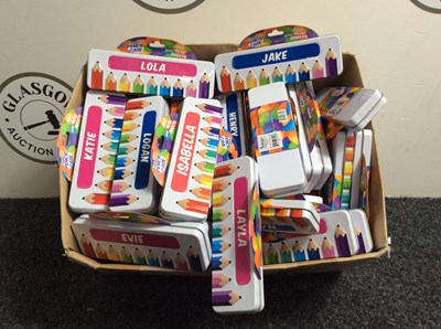Lot 8 - Box of named pencil cases with jelly bean contents