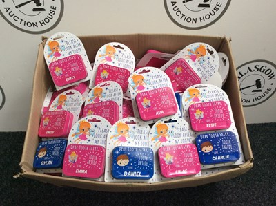 Lot 203 - Large box of tooth fairy tins with names on