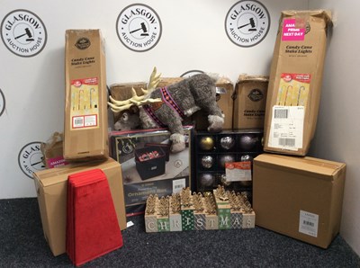 Lot 225 - Box Of Christmas Decorations, Including Baubles, Christmas Candy Cane String Lights, Sven From Frozen & More