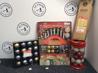 Lot 223 - Box Of Christmas Decorations, Including Baubles, Wooden Christmas Displays, Faux Candle Display & More - New
