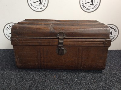 Lot 9 - Decorative metal trunk with wood effect finish - non functional lock