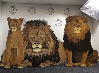 Lot 57 - 3 prop wooden lion cutouts from greatest showman theme