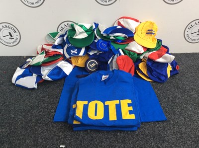 Lot 108 - Large qty of jockey racing hats and t-shirts (medium) for event / game