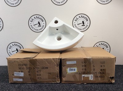 Lot 180 - Two Ceramic Corner Sinks With Fittings - 32x32x13cm - New