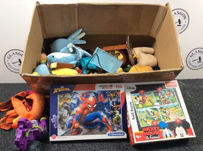 Lot 190 - Box Of Misc Kids Toys, Puzzles, Soft Toys & Figurines - Used