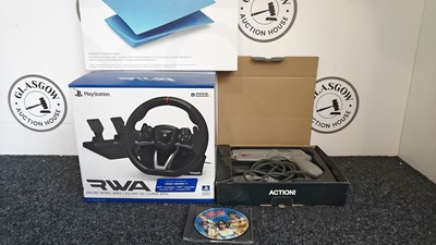 Lot 6 - Playstation RWA HORI Racing Wheel Apex, Compatible with PS4/5 & PC. Playstation 1 Time Crisis +G-con45 Attachment & PS5 Console Covers Original White- Used