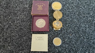 Lot 141 - Qty of Gold Coins, Vintage Compass & 1951 Festival of Britain 5 Shilling Coin