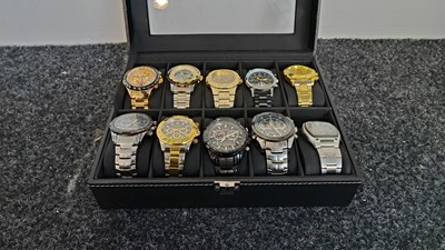 Lot 76 - Watch display box containing 10 gents watches from various brands
